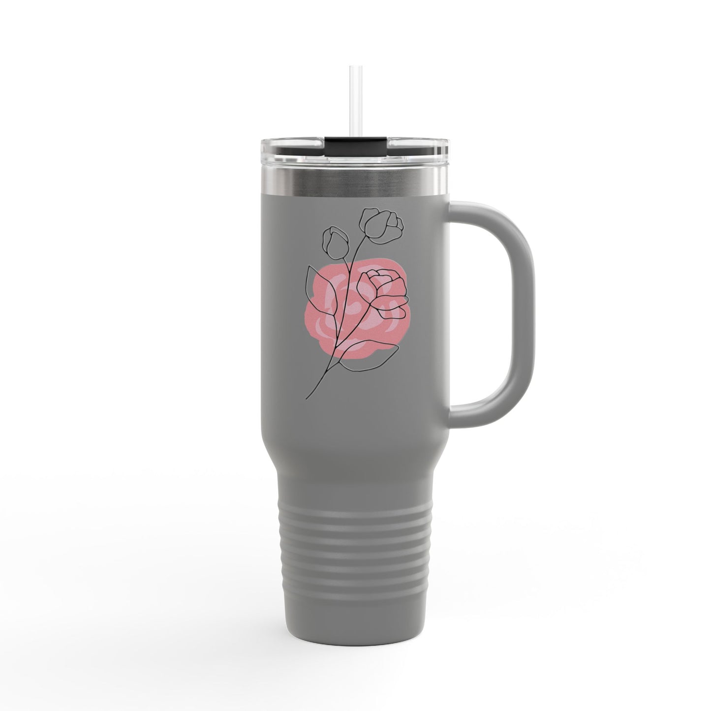 Minimalist Floral Travel Tumbler with Straw – Line Art Rose Design - Balisuria