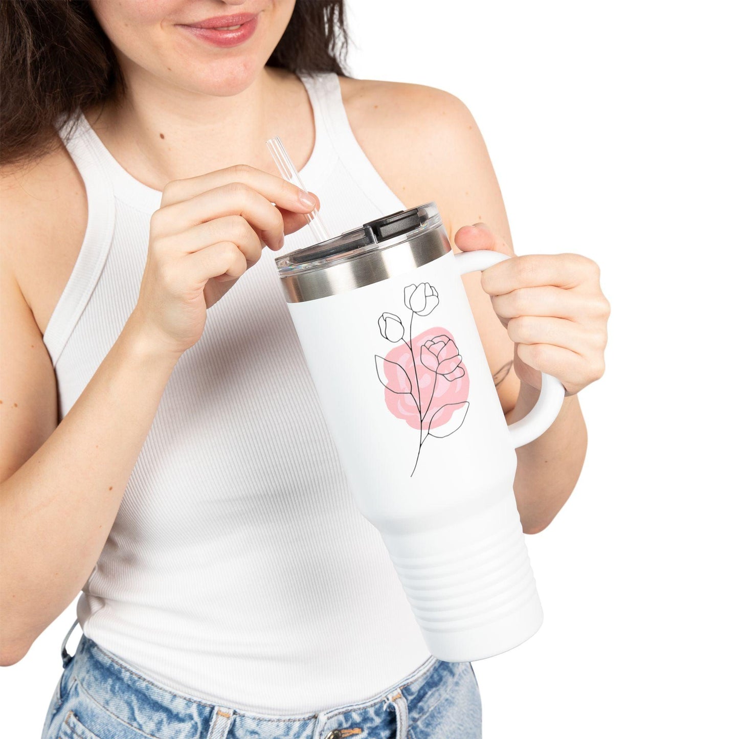 Minimalist Floral Travel Tumbler with Straw – Line Art Rose Design - Balisuria