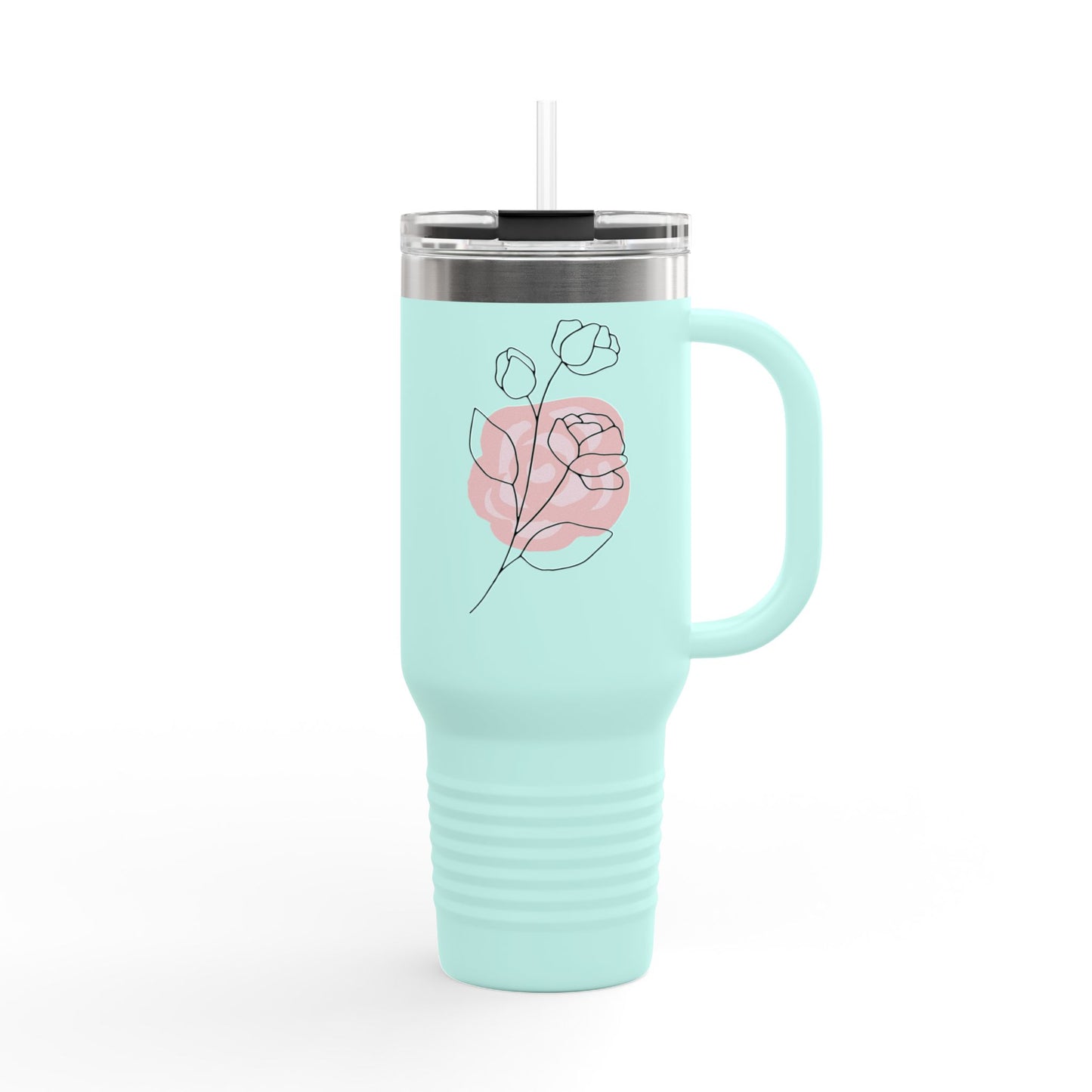 Minimalist Floral Travel Tumbler with Straw – Line Art Rose Design - Balisuria