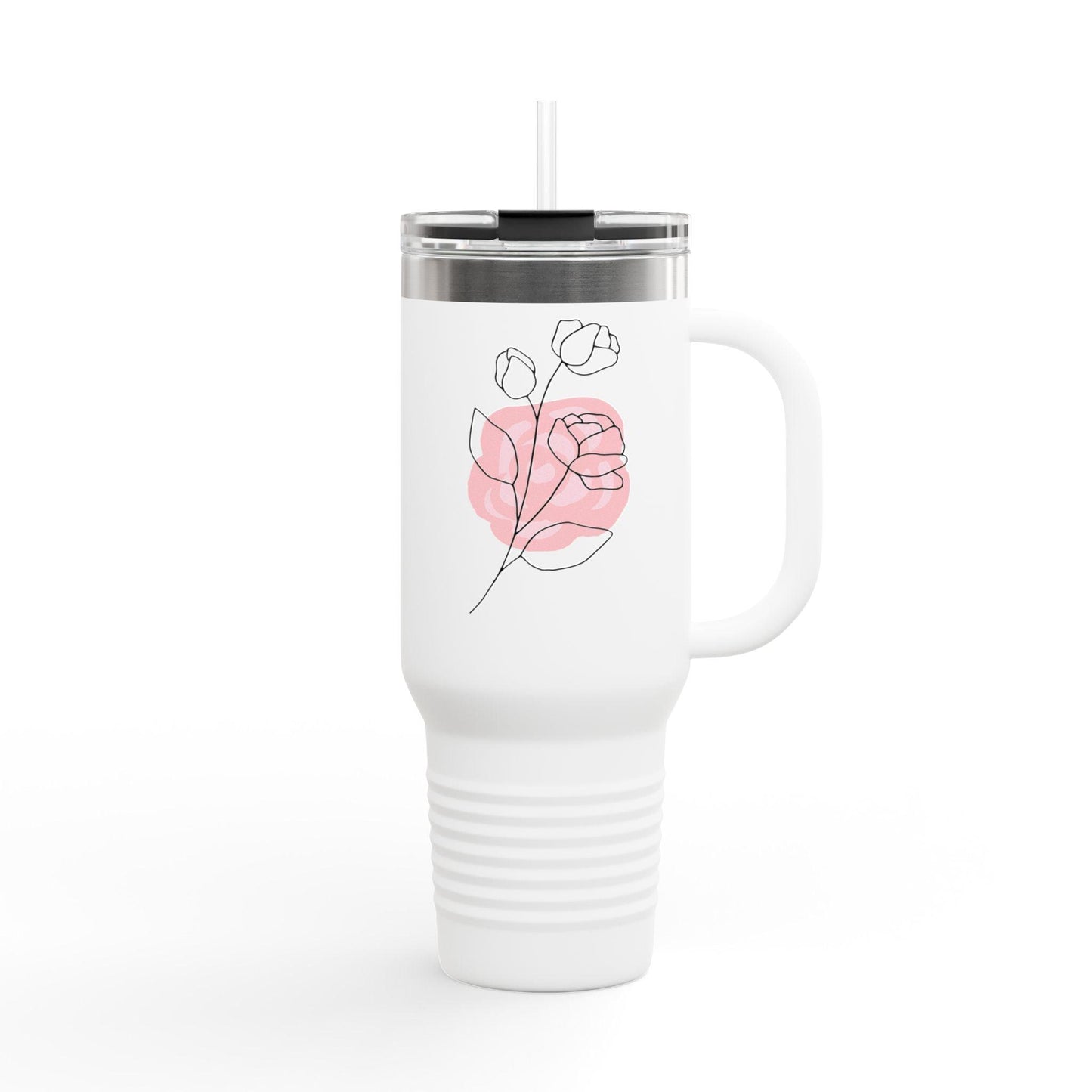 Minimalist Floral Travel Tumbler with Straw – Line Art Rose Design - Balisuria