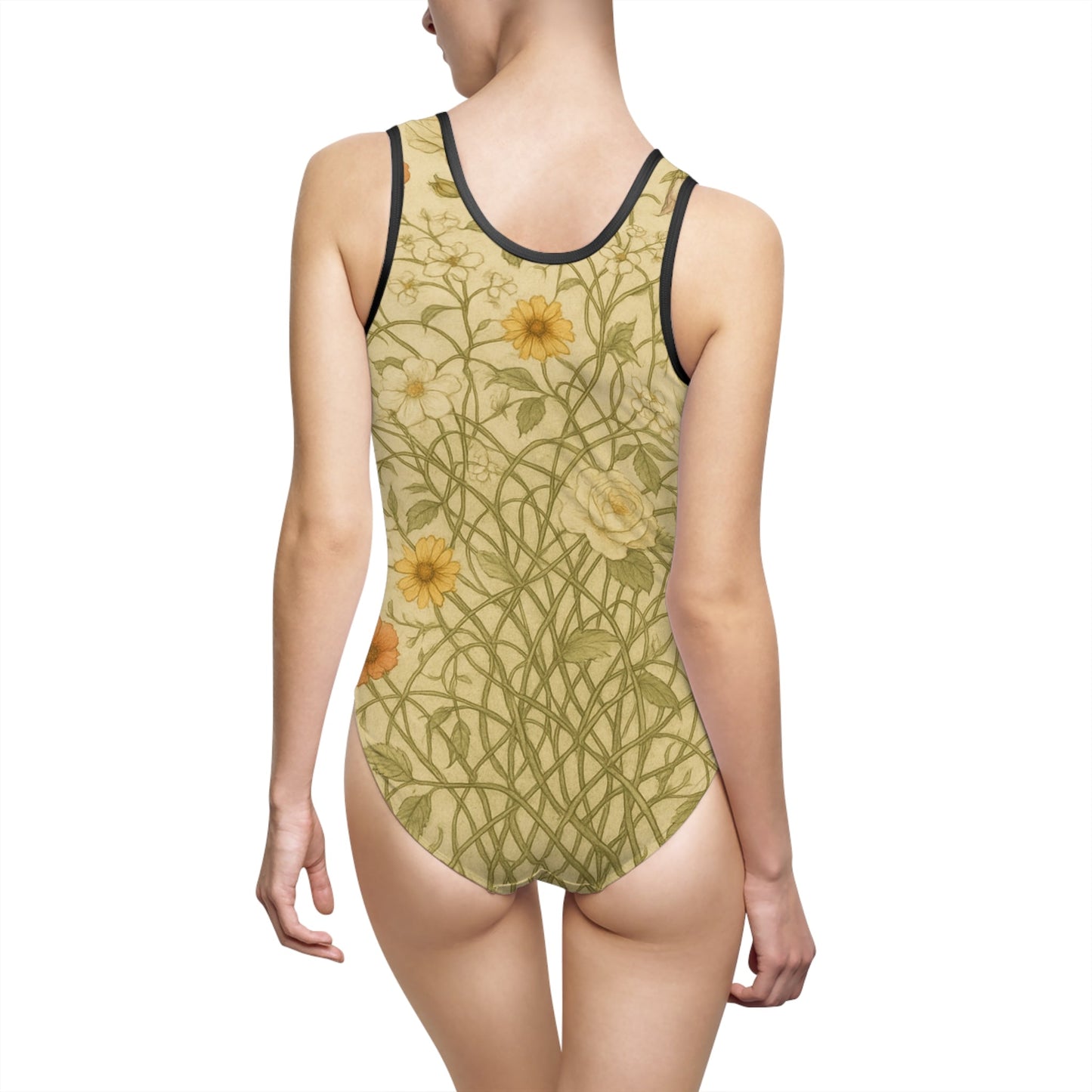 Vintage Floral One-Piece Swimsuit – Soft Yellow & Botanical Print - Balisuria