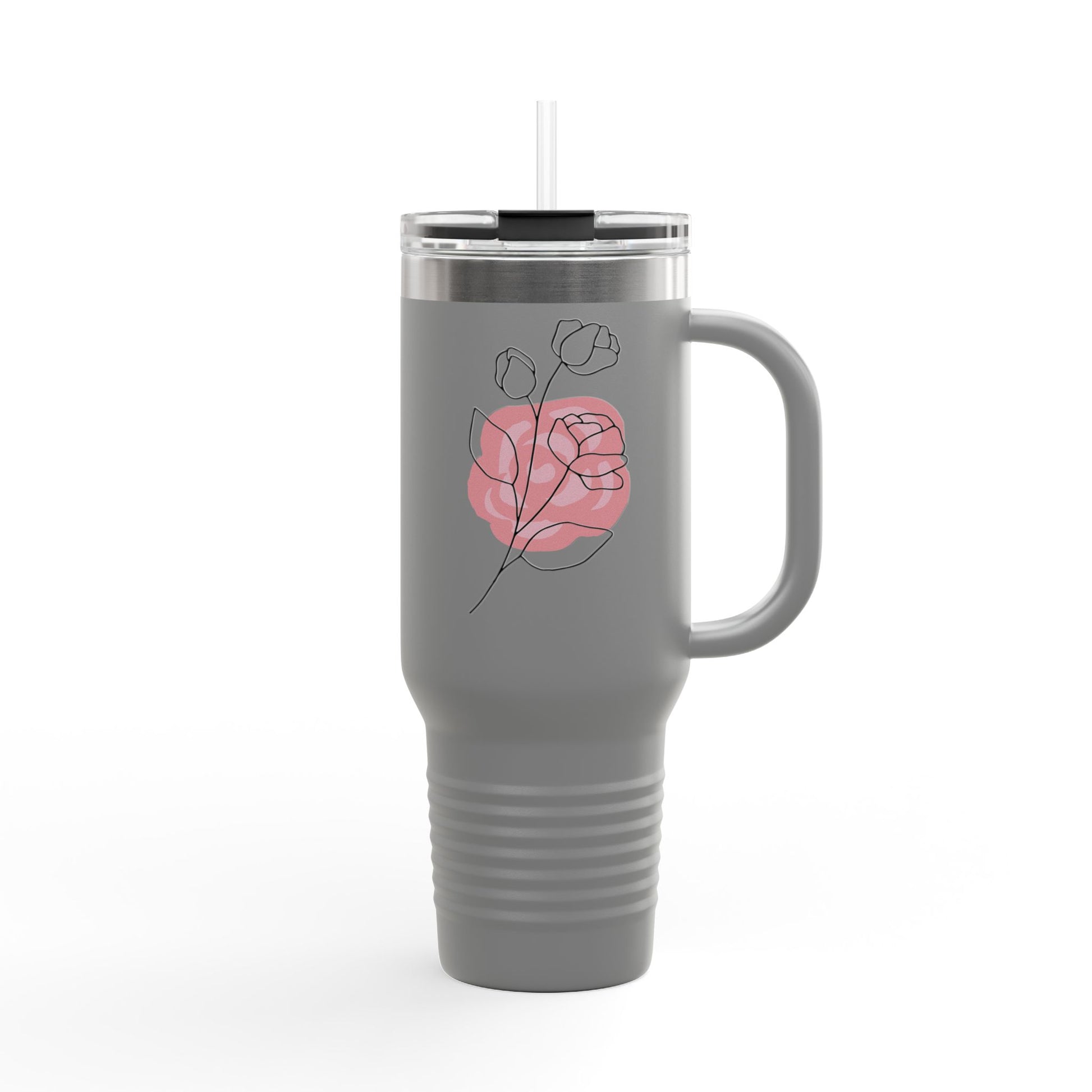 Minimalist Floral Travel Tumbler with Straw – Line Art Rose Design - Balisuria