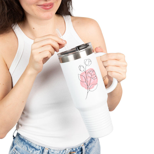 Minimalist Floral Travel Tumbler with Straw – Line Art Rose Design - Balisuria